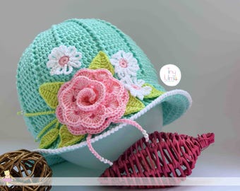 Holiday gift Girls summer hat Mint sun hat with rose Girls Panama hat Crochet Toddlers Hats Women hat girls Baby Hat Crochet Cloche Hat