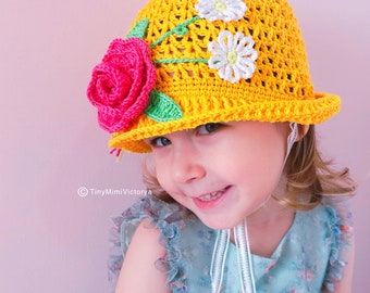 Gorro de ganchillo de verano amarillo para niñas con lazos de encaje elástico Sombrero de pescador panamá de flores de punto