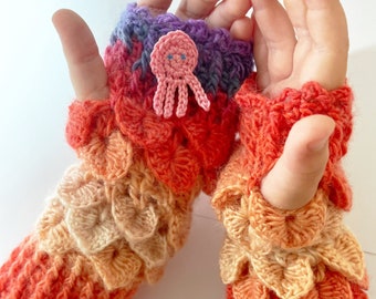 Crochet fingerless gloves Dragon scale glove Wool glove child Mermaid mittens Adult winter Christmas Childrens fingerless mittens