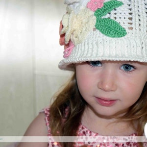 Crochet Cotton Cloche Hat: White Panama Sun Hat with Roses
