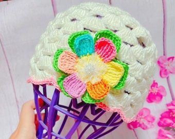 Gorro de bebé de crochet: Flor arcoíris, hilo acrílico suave