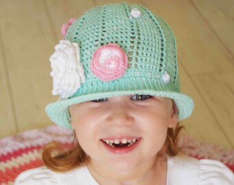 Crochet Panama Hat Crochet Cloche Hat Mint Panama Girls Hat Baby sage green Crochet Summer Hat Crochet Hats For kids Crochet Flowers