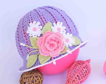 Baby girl Hat Girls Sunhat Purple hat with rose Toddler Panama Crochet Women hat Beach hat Panama baby Crochet Cloche Hat Newborn Summer