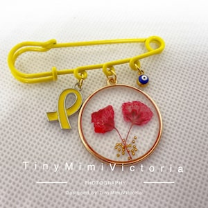 Real Flower Resin Brooch: Yellow Ribbon, Evil Eye, Judaica Gift