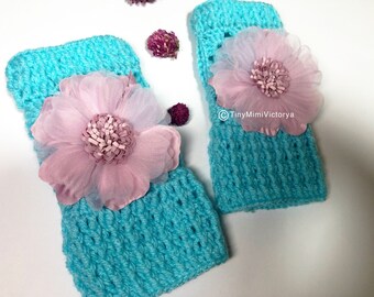 Crochet fingerless childrens mittens with purple flowers Women blue gloves Arm warmers Toddler mitten Toddler fingerless glove