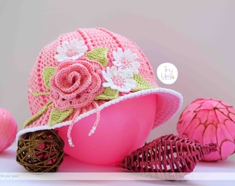 Summer Toddler Hat Baby summer hat Girl sun hat with rose Girl summer Pink hat Crochet girls hats Beach hat girls accessories Crochet Panama