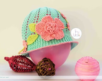 Sombrero de sol de crochet para bebé: Cloche de algodón con rosa