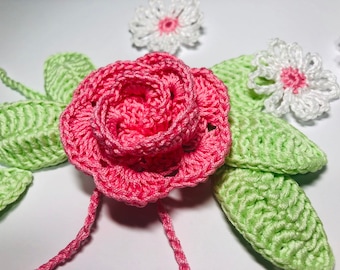 Crochet Flower Appliqué Set: Pink Rose, Daisies, Leaves