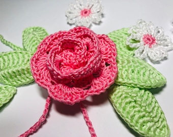 Crochet flowers set patch Appliqué clothing Large patch Roses with leaves and daisy’s Crochet tiny items Scrapbooking pink rose