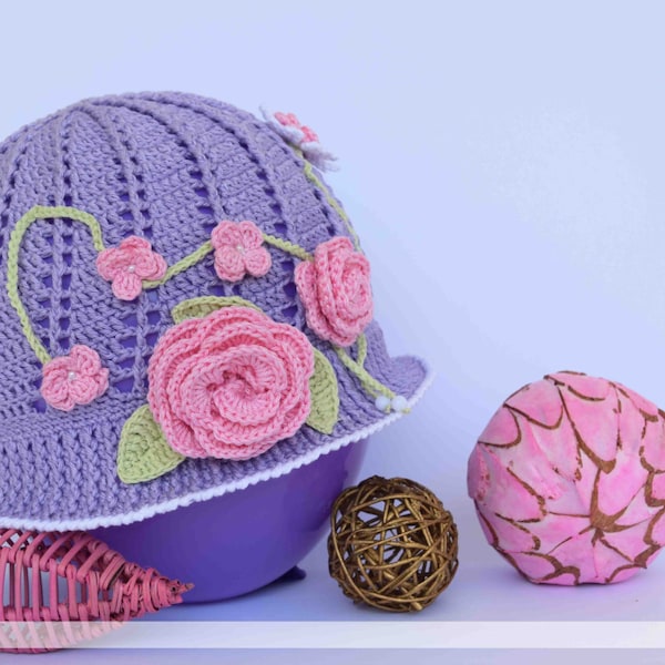 trendy womens straw hat Sunhat Crochet Cloche hat Purple Summer Hat Baby Summer Hat Newborn Sunhat Beach Hat Crochet Sun Hats Floral Crochet
