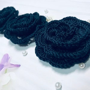 Enfeites de rosas de crochê preto, conjunto de flores de decoração, conjunto de 5 apliques de flores de rosa 3d, decoração de flor de rosa grande, álbum de recortes decorativo