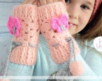 arm warmers  Women's Fingerless Gloves Girls Fingerless Mittens Pink with pom pom and Butterfly