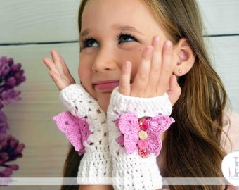 White Childrens fingerless mittens with pink butterfly Arm warmers Fingerless Crochet gloves Black friday sale Adult winter Christmas gift