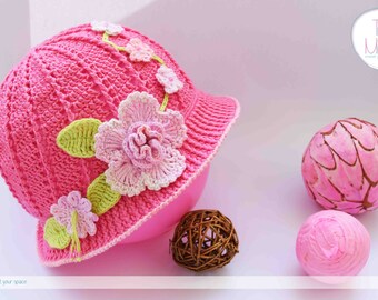 Sombrero de sol de crochet para niñas: Sombrero de algodón rosa con rosa
