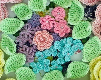 Crochet leaves for Scrapbooking Crochet roses applique Crochet little flowers set 0f 25 pcs motif Spring leaf embellishment flowers