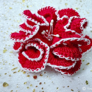 Grande fiore rosso all'uncinetto con bordo bianco