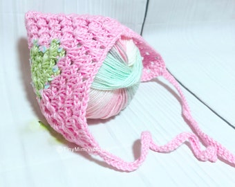 Crochet newborn baby bonnet Knit vintage toddler bonnet Pixie crochet adult bonnet Crochet bonnet with green heart