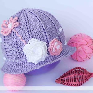 Straw hats women Crochet cloche summer hat Baby summer hat Sun hat with rose Girls summer hat Toddler Crochet girls hats Beach Purple hat