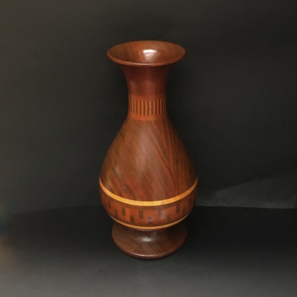 Gorgeous Hand Crafted Wood Geek Vase with Beautiful Inlaid Wood Patterns