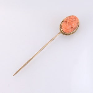 Antique Estate 10K Yellow Gold Coral Cameo Edwardian Stick Pin 2.3g