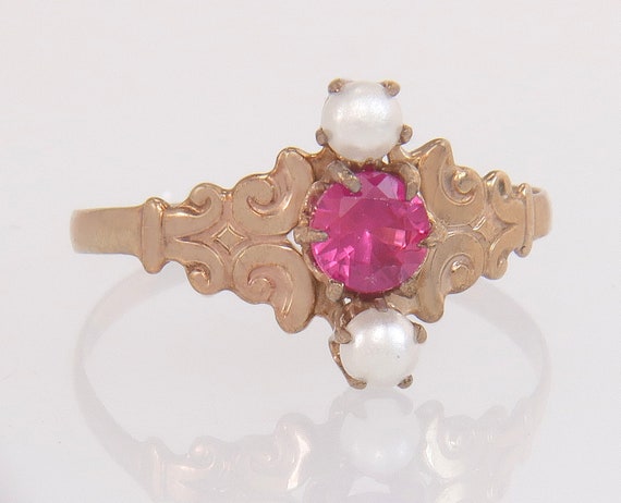 Antique Estate 14K Rose Gold .25ct Ruby & Seed Pe… - image 1