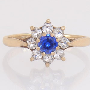 Vintage Estate 9K Yellow Gold .41ct Blue & White CZ Halo Engagement Ring Size 4 image 2