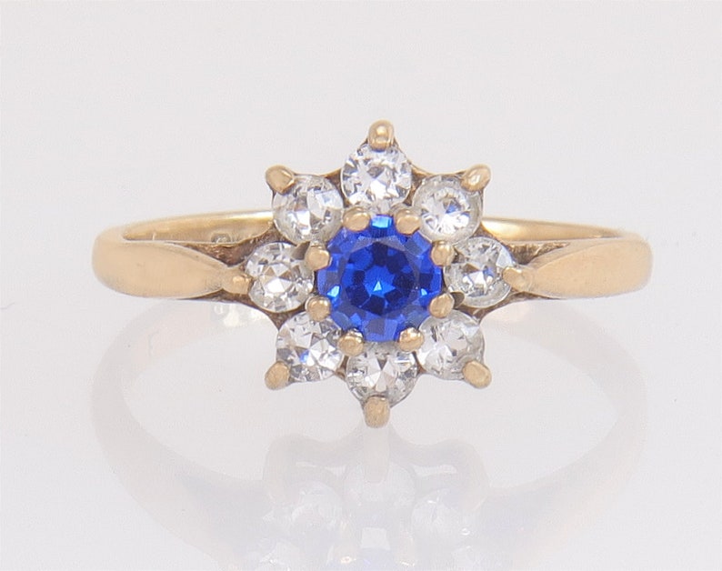 Vintage Estate 9K Yellow Gold .41ct Blue & White CZ Halo Engagement Ring Size 4 image 2