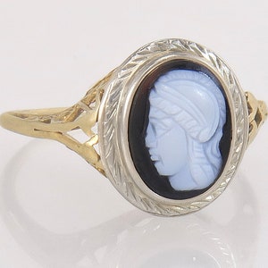 Antique Art Deco 14k Two Tone Gold Black & White Hand Carved Cameo Ring Size 6.5