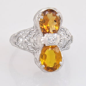 Antique Estate 14K White Gold 2.50ct Citrine Art Deco Dinner Ring Size 6.25
