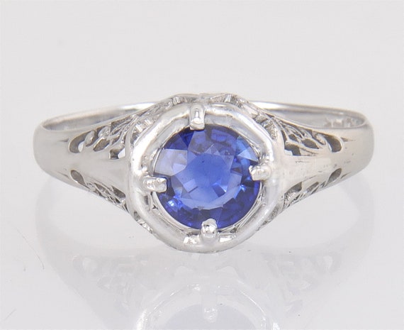 Antique .70ct Sapphire 14K White Gold Flowers Art… - image 2