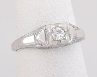 Antique Art Deco 18K White Gold .15ct Genuine Diamond Engagement Ring Size 6.5