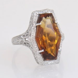 Antique Estate Belais 4.30ct Citrine 18K White Gold Art Deco Ring Size 5.25