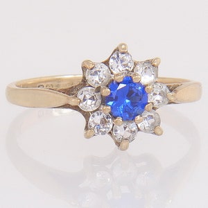 Vintage Estate 9K Yellow Gold .41ct Blue & White CZ Halo Engagement Ring Size 4 image 1