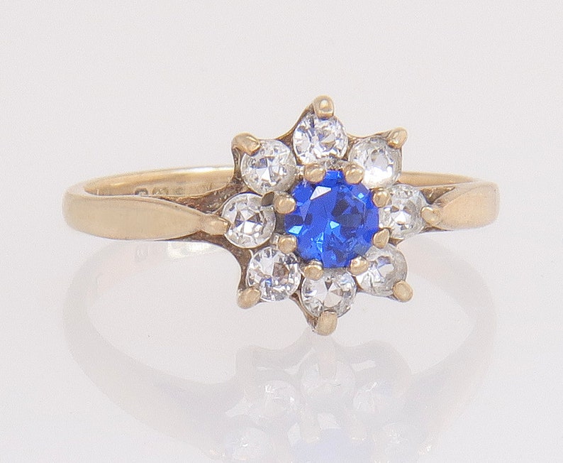 Vintage Estate 9K Yellow Gold .41ct Blue & White CZ Halo Engagement Ring Size 4 image 1