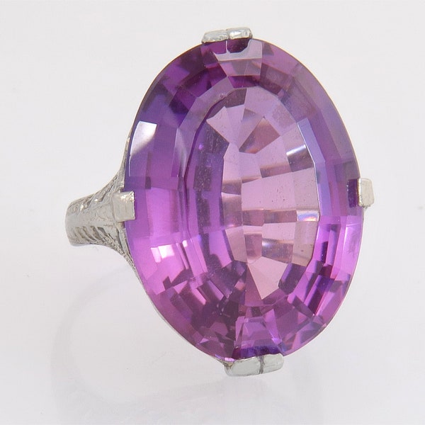 Antique 14K White Gold 15.00ct Simulated Purple Spinel Art Deco Ring Size 4.75