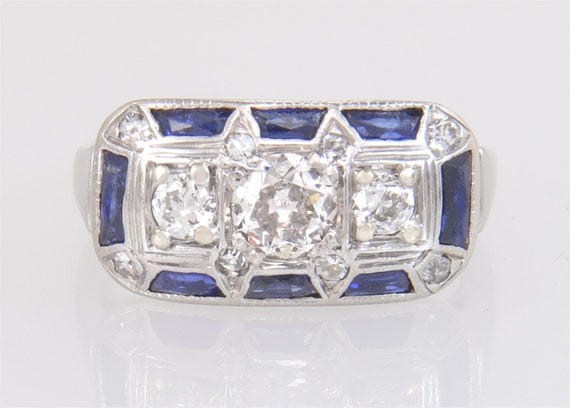 Antique 14K Gold 1.07ct Genuine Diamond & Blue Sa… - image 2