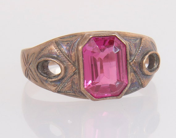 Antique 12K Yellow Gold 2.00ct Simulated Ruby Art… - image 1