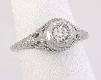 Antique 18K White Gold Filigree .17ct Genuine Diamond Engagement Ring Size 5