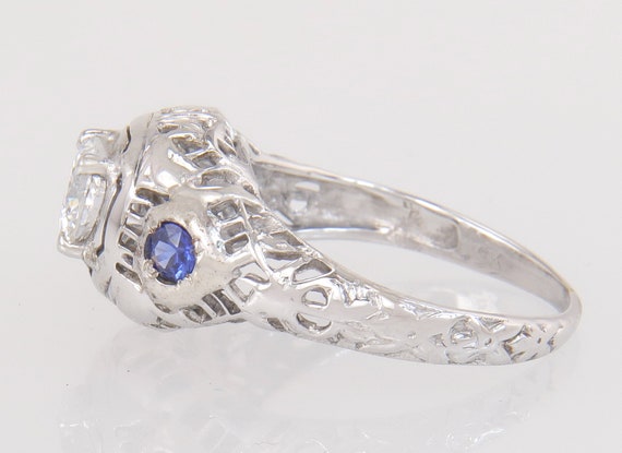 Antique 18k White Gold .55ct Diamond Sapphire Art… - image 3