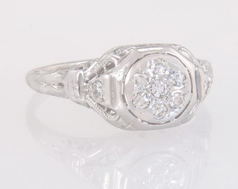 Antique .15ct Genuine Diamond 14K White Gold Filigree Engagement Ring