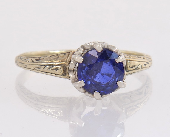 Antique .90ct Blue Sapphire 14K Two Tone Gold Art… - image 1