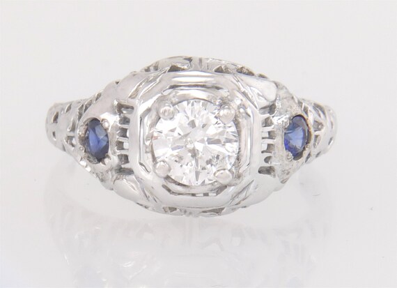 Antique 18k White Gold .55ct Diamond Sapphire Art… - image 2