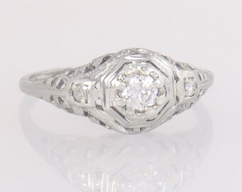 Antique 18K White Gold .32ct Genuine Diamond Art Deco Engagement Ring Size 7.5