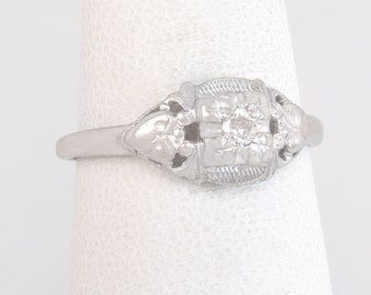 Antique Art Deco .08ct Genuine Diamond 14K White Gold Engagement Ring Size 7.25