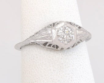 Antique .27ct Genuine Diamond 14K White Gold Art Deco Engagement Ring Size 6