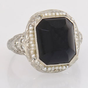 Antique 14k White Gold Flowers Black Onyx & Seed Pearl Art Deco Ring Size 6.25
