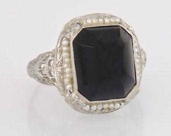 Antique 14k White Gold Flowers Black Onyx & Seed Pearl Art Deco Ring Size 6.25