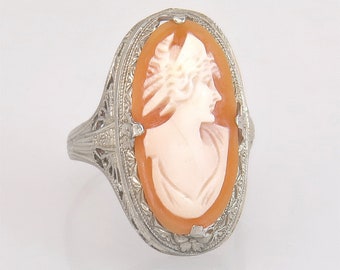 Art Deco Filigree 14k White Gold Hand Carved Orange & White Cameo Ring Size 4.25