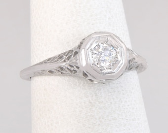 Antique Art Deco .12ct Genuine Diamond 18K White Gold Engagement Ring Size 5