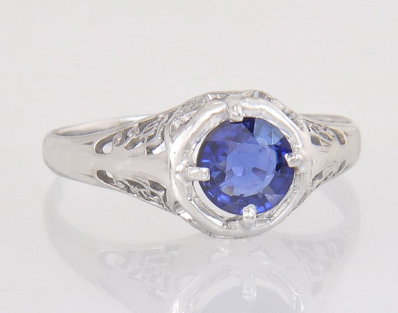 Antique .70ct Sapphire 14K White Gold Flowers Art… - image 1